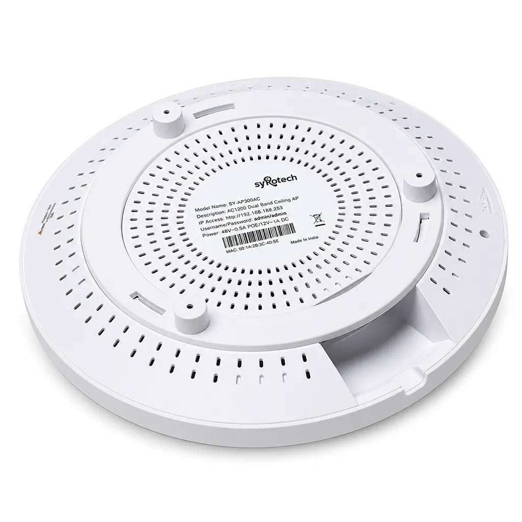 Bottom perspective view of Syrotech SY-AP-3000-AX WiFi 6 Dual-Band 3000Mbps Long-Range Indoor Access Point showing ventilation and mounting structure - tpstech.in