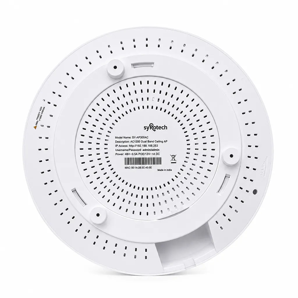 Bottom view of Syrotech SY-AP-3000-AX WiFi 6 Dual-Band 3000Mbps Long-Range Indoor Access Point displaying mounting plate and product information label - tpstech.in