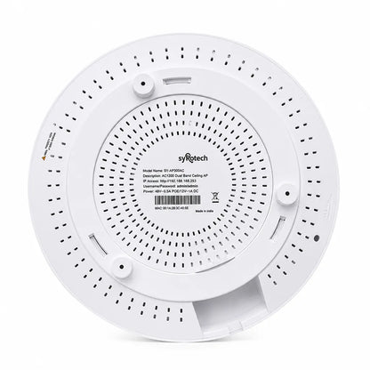 Bottom view of Syrotech SY-AP-3000-AX WiFi 6 Dual-Band 3000Mbps Long-Range Indoor Access Point displaying mounting plate and product information label - tpstech.in