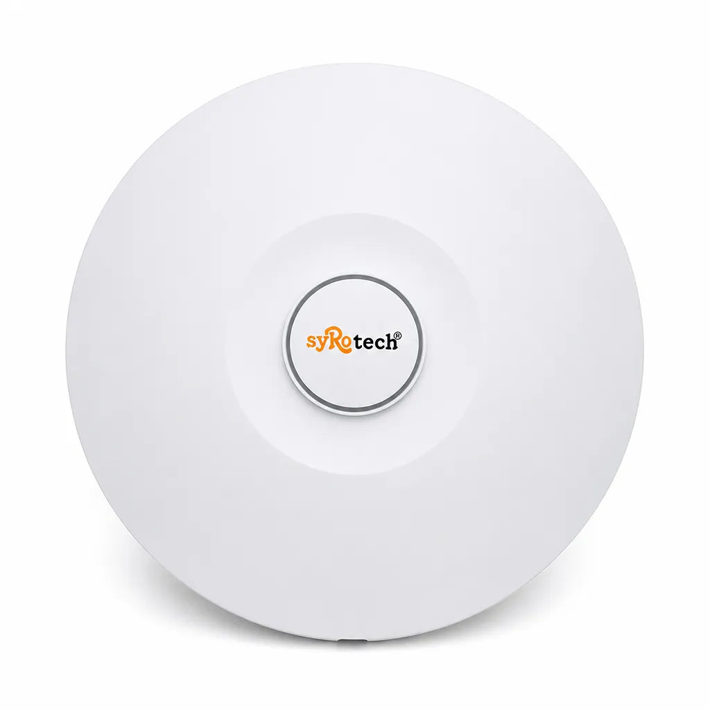 Syrotech SY-AP-3000-AX WiFi 6 Dual-Band 3000Mbps Long-Range Indoor Access Point front perspective view for enterprise wireless networking - tpstech.in