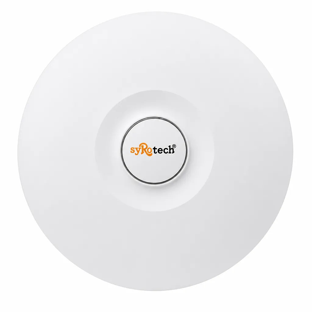 Syrotech SY-AP-3000-AX WiFi 6 Dual-Band 3000Mbps Long-Range Indoor Access Point front view with sleek ceiling-mount design and white finish - tpstech.in