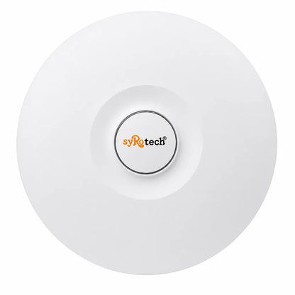 Syrotech SY-AP-3000-AX WiFi 6 Dual-Band 3000Mbps Long-Range Indoor Access Point front view with sleek ceiling-mount design and white finish - tpstech.in