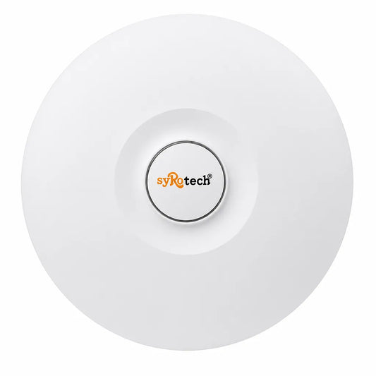 Syrotech SY-AP-3000-AX WiFi 6 Dual-Band 3000Mbps Long-Range Indoor Access Point front view with sleek ceiling-mount design and white finish - tpstech.in