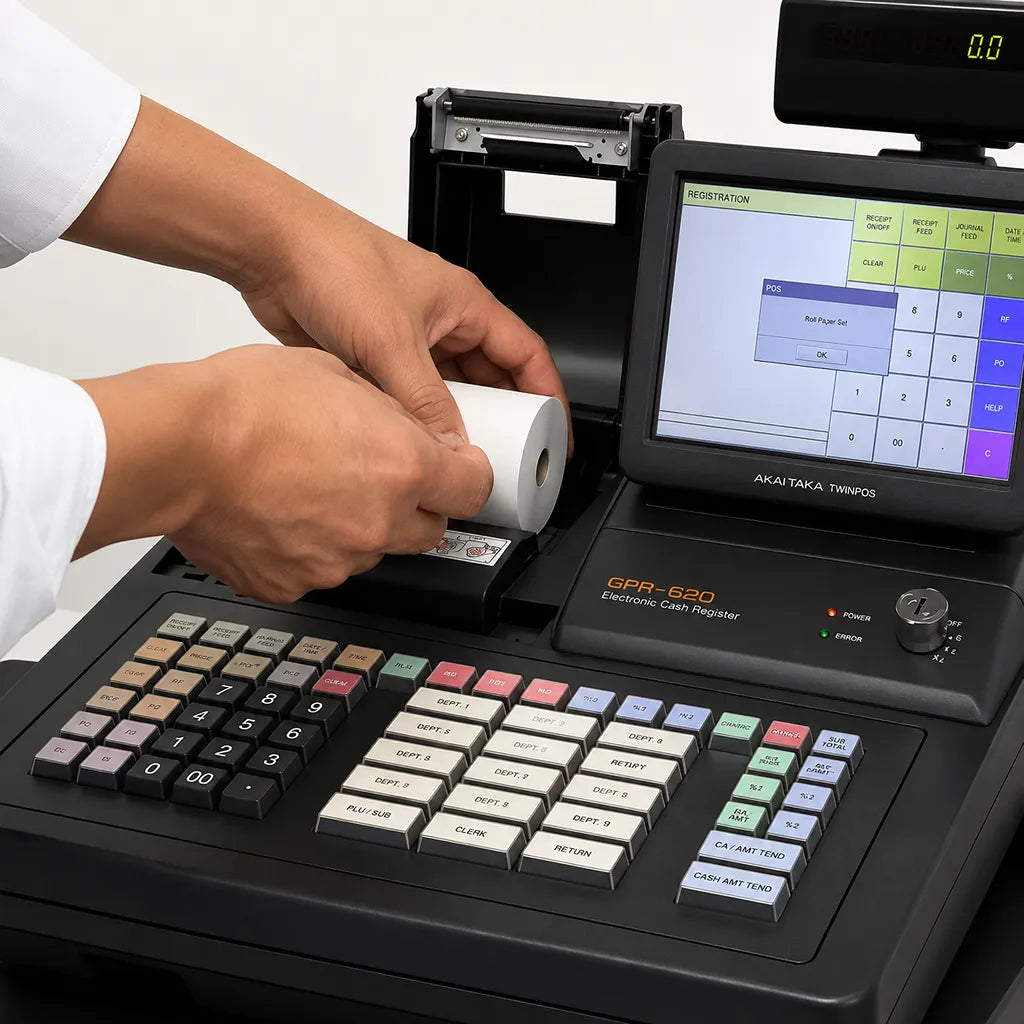 Thermal Paper Roll 79mm x 50 Meter (3 Inch) Compatible with Epson & TVS installed in a POS billing machine for receipt printing -tpstech.in