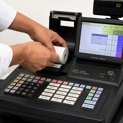 Thermal Paper Roll 40 Meter 110mm (4 Inch) being installed in an Epson and TVS compatible POS receipt printer -tpstech.in