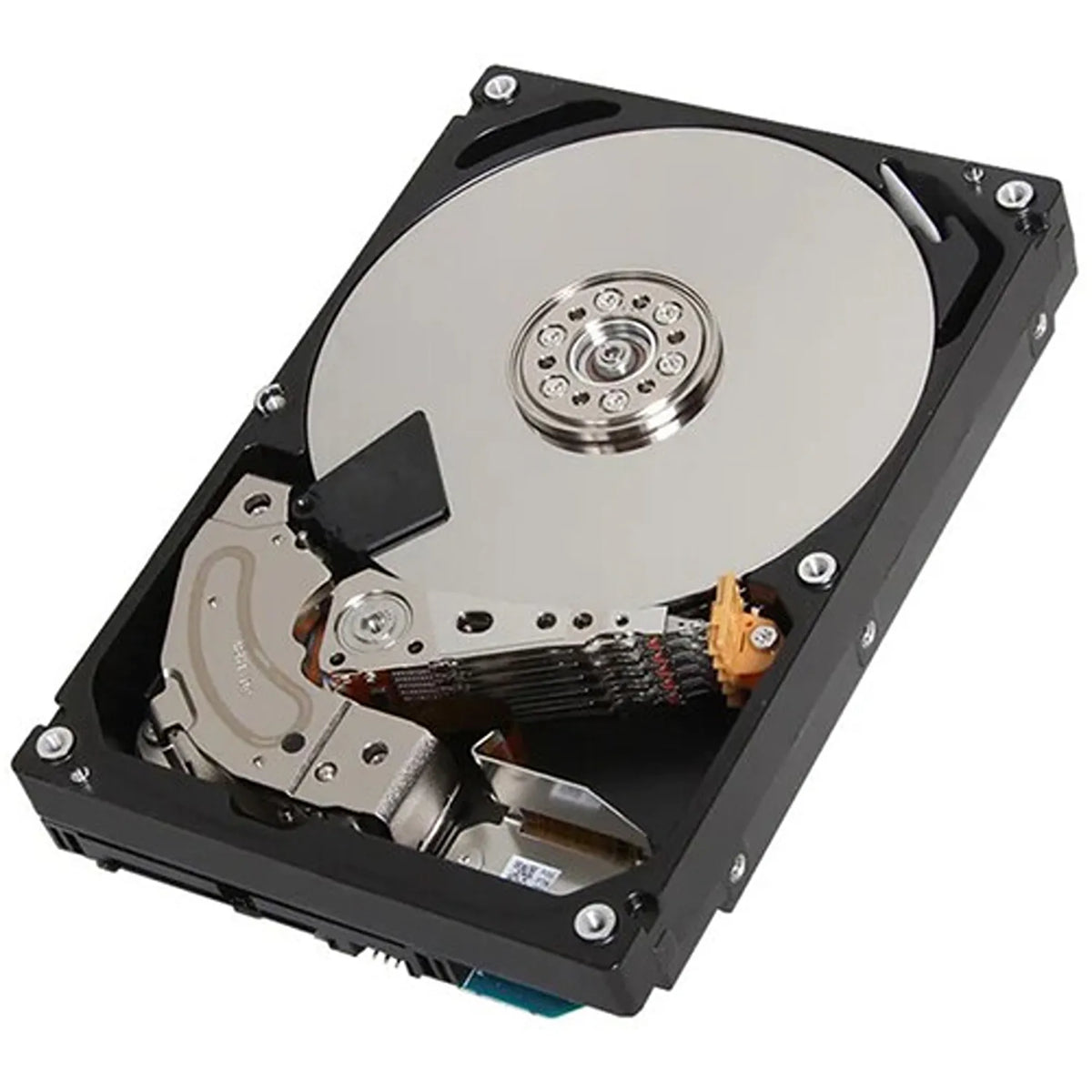 Toshiba MG11 Series 24TB enterprise hard drive internal structure showing platter and head actuator arm at an angle -tpstech.in