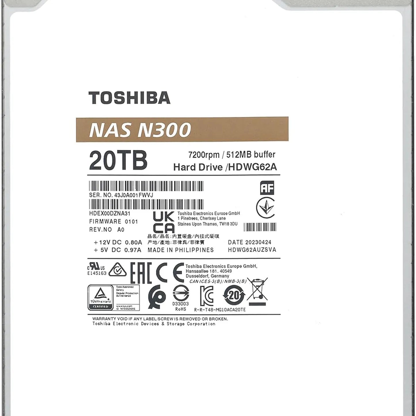 Technical specifications label on front face of Toshiba N300 20TB NAS Internal HDD with 512MB cache -tpstech.in