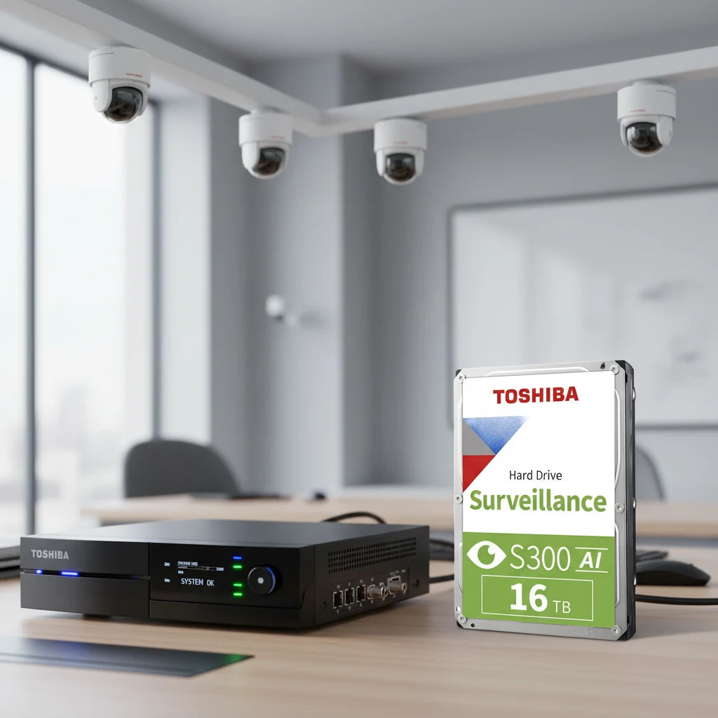 Toshiba S300 AI 16TB surveillance hard drive paired with DVR system for reliable video monitoring storage