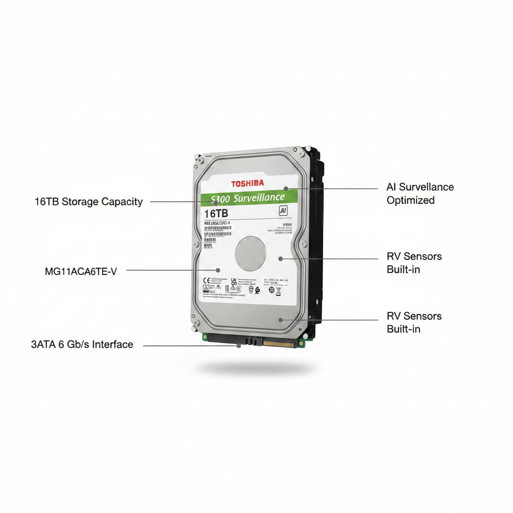 Toshiba S300 AI 16TB surveillance HDD with SATA 6 Gb/s interface and built-in RV sensors for stable recording