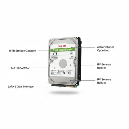Toshiba S300 AI 16TB surveillance HDD with SATA 6 Gb/s interface and built-in RV sensors for stable recording
