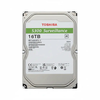 Rear view of Toshiba S300 AI 16TB surveillance hard drive for continuous security recording applications