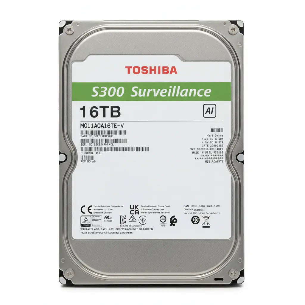 Top view of Toshiba S300 AI 16TB surveillance HDD with AI surveillance optimized storage technology