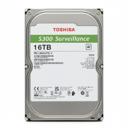 Top view of Toshiba S300 AI 16TB surveillance HDD with AI surveillance optimized storage technology