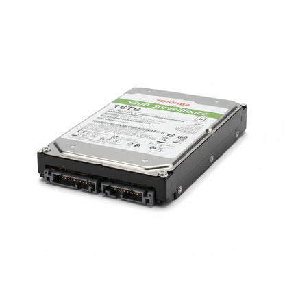 Angled view of Toshiba S300 AI 16TB hard drive with SATA connectivity for DVR and NVR surveillance solutions