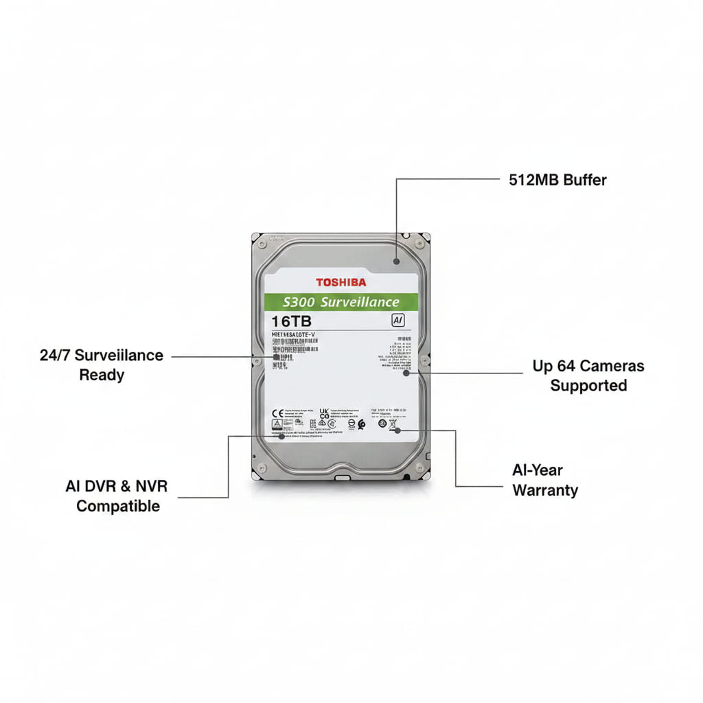 Toshiba S300 AI 16TB surveillance hard drive showing 24/7 operation, 512MB buffer, and support for up to 64 cameras