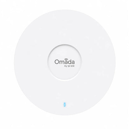 TP-Link EAP613 AX1800 Wi-Fi 6 ceiling mount access point front view with Omada branding and LED status indicator.
