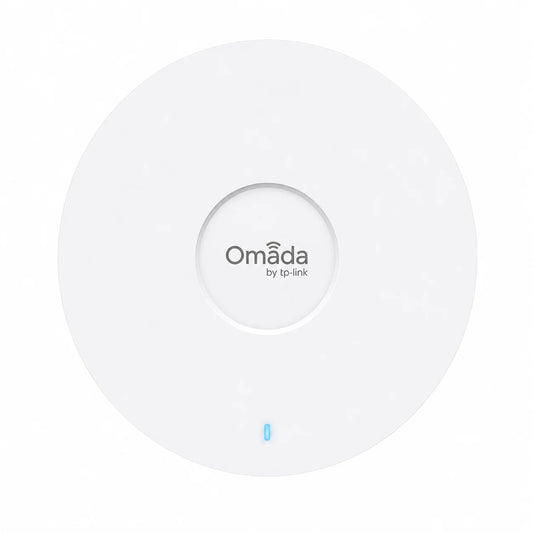 TP-Link EAP613 AX1800 Wi-Fi 6 ceiling mount access point front view with Omada branding and LED status indicator.