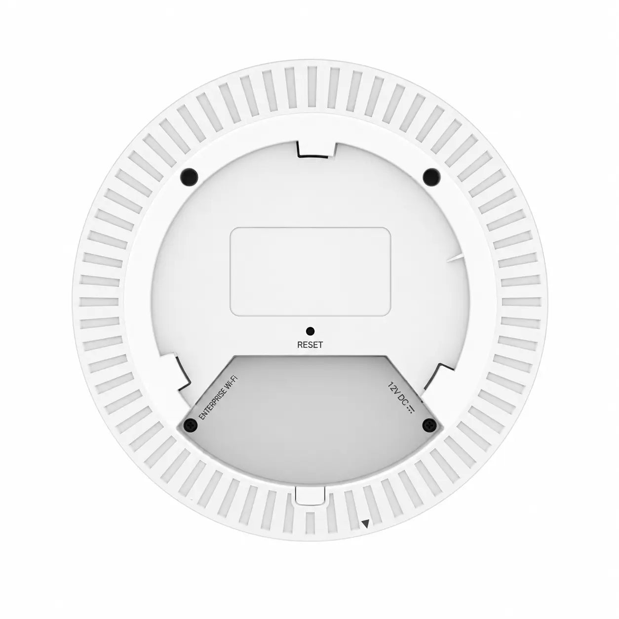 Bottom view of TP-Link EAP613 Wi-Fi 6 access point showing mounting interface, reset button and installation design.