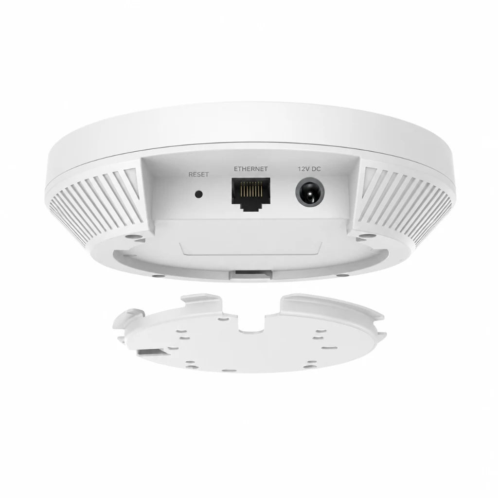 Bottom view of TP-Link EAP653 Wi-Fi 6 access point showing Gigabit Ethernet port, reset button, and mounting bracket