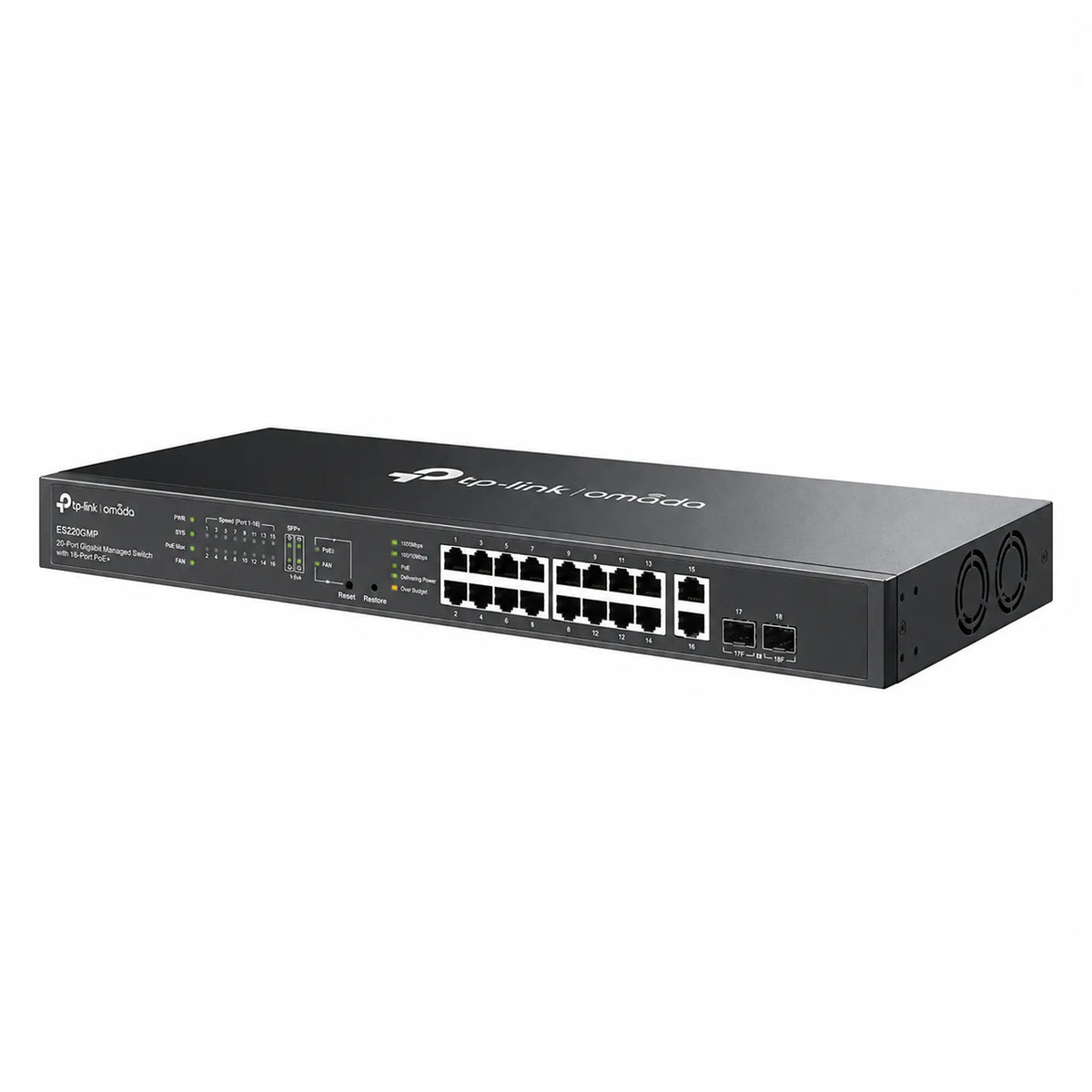 TP-Link ES220GMP angled view of 20-port Gigabit PoE+ Easy Managed Switch tpstech.in