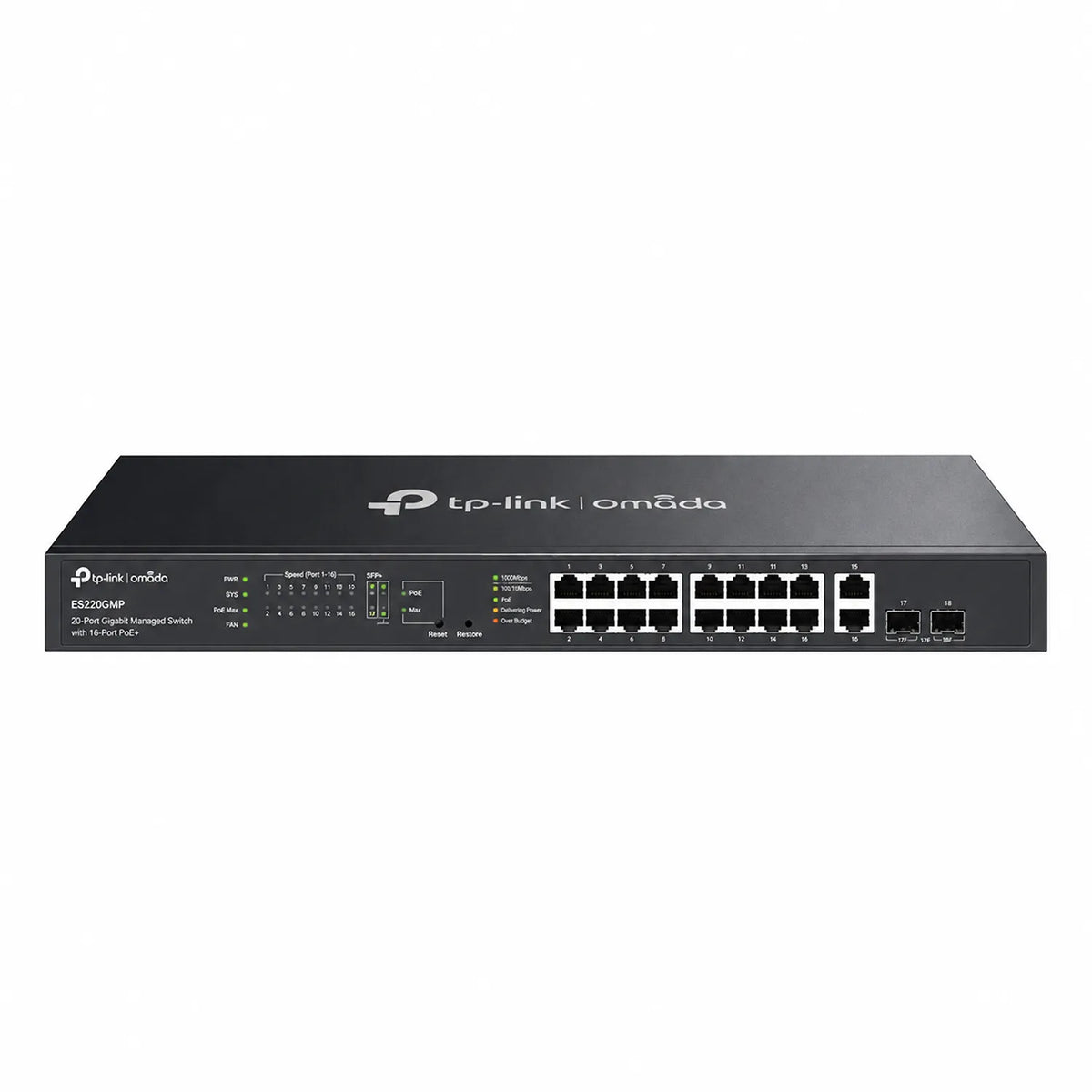 TP-Link ES220GMP front view showing 20-port Gigabit PoE+ Easy Managed Switch ports tpstech.in