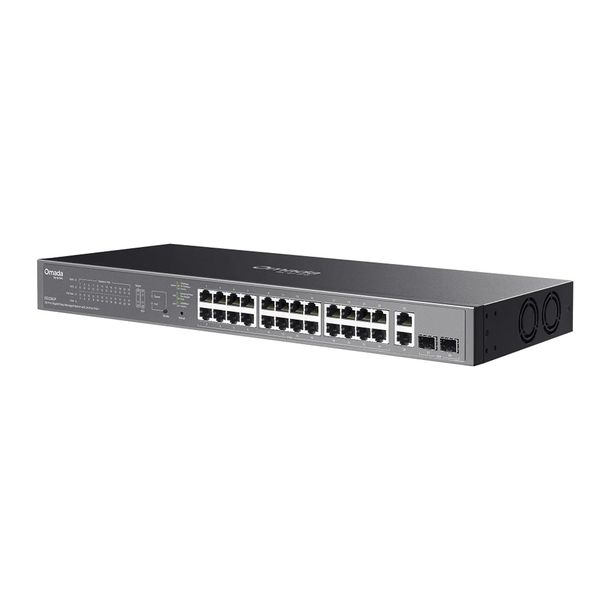 TP-Link ES228GP 28-port Gigabit PoE+ switch angled view showing ports and rackmount design -tpstech.in