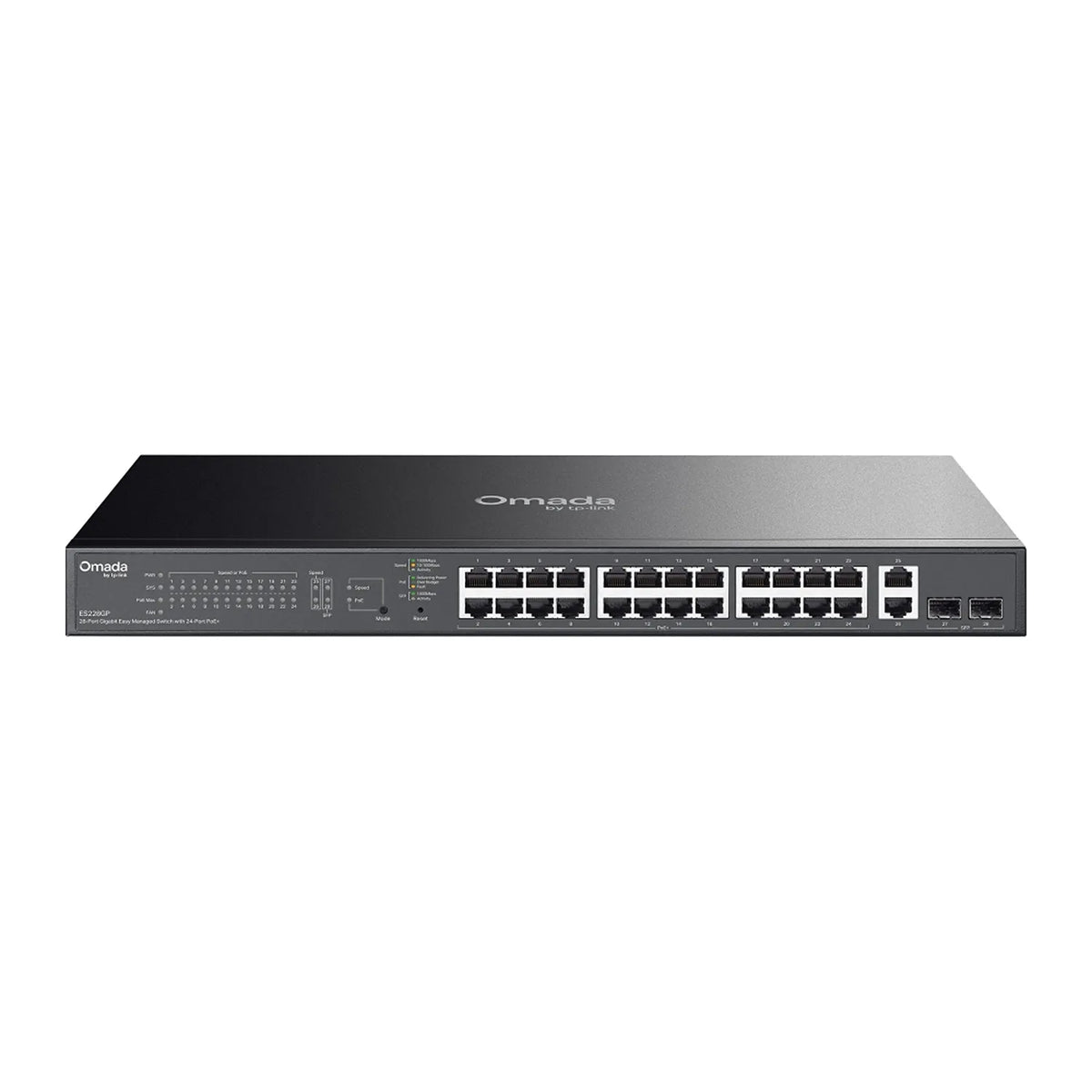 TP-Link ES228GP 28-port Gigabit PoE+ switch front view with 24 PoE+ ports and 2 SFP slots -tpstech.in