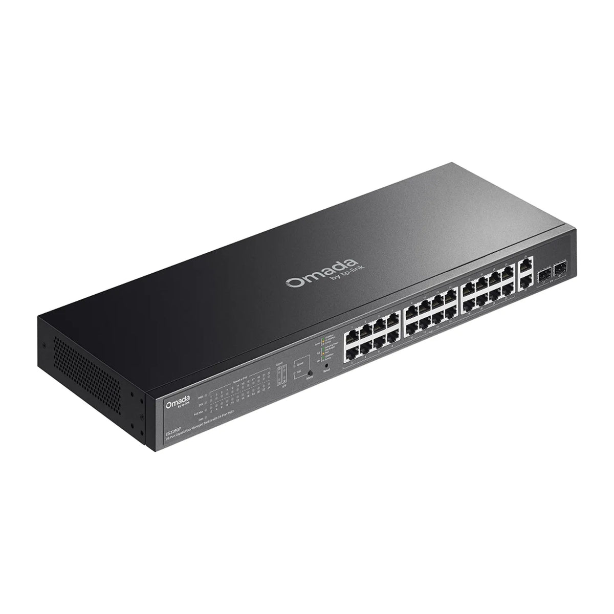 TP-Link ES228GP 28-port Gigabit PoE+ switch top angle view with Omada branding -tpstech.in