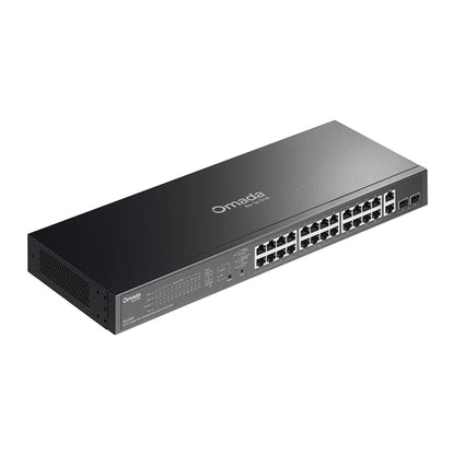TP-Link ES228GP 28-port Gigabit PoE+ switch top angle view with Omada branding -tpstech.in