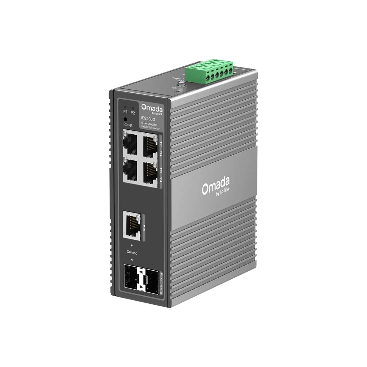 TP-Link IES206G 6-Port Gigabit Industrial Easy Managed Switch front angle view with RJ45 and SFP ports -tpstech.in