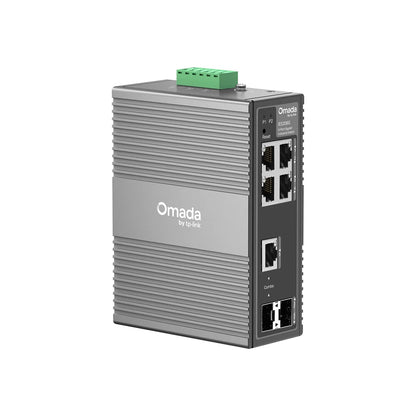 TP-Link IES206G 6-Port Gigabit Industrial Easy Managed Switch side and front angled view -tpstech.in