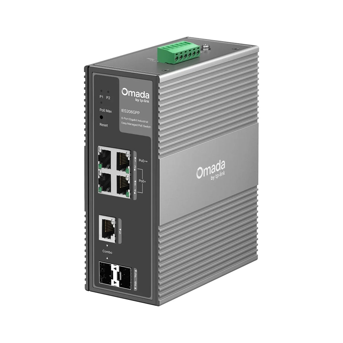 TP-Link IES206GPP 6-port Gigabit industrial PoE switch front angle with PoE++ and PoE+ ports-tpstech.in