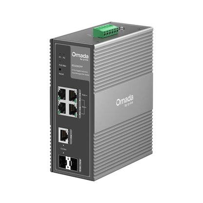TP-Link IES206GPP 6-port Gigabit industrial PoE switch front angle with PoE++ and PoE+ ports-tpstech.in
