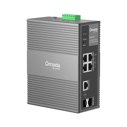 TP-Link IES206GPP industrial Gigabit PoE switch angled view with rugged metal housing-tpstech.in