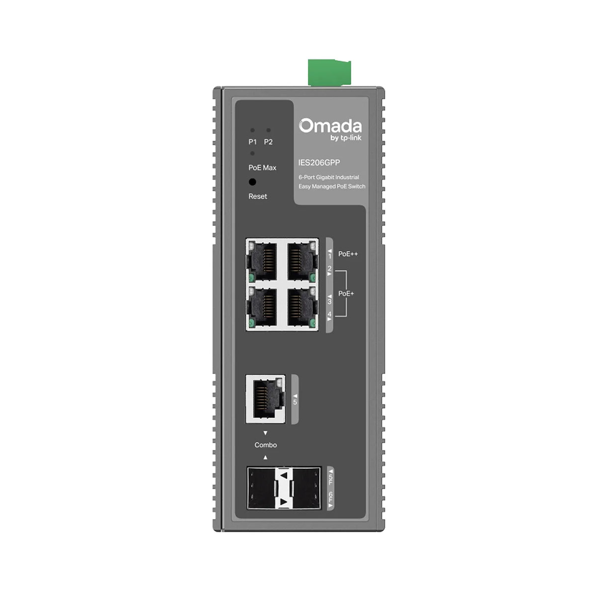 TP-Link IES206GPP 6-port Gigabit industrial PoE switch front view with PoE++ and PoE+ Ethernet ports-tpstech.in