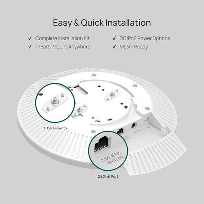 TP-Link Omada EAP770 Wi-Fi 7 Tri-Band Access Point rear installation features showing 2.5GbE PoE port and T-bar mounts -tpstech.in