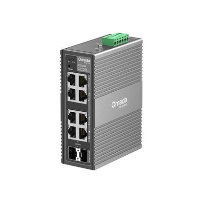 TP-Link Omada IES208G 8-port Gigabit industrial easy managed switch front angle view with RJ45 and SFP combo ports -tpstech.in