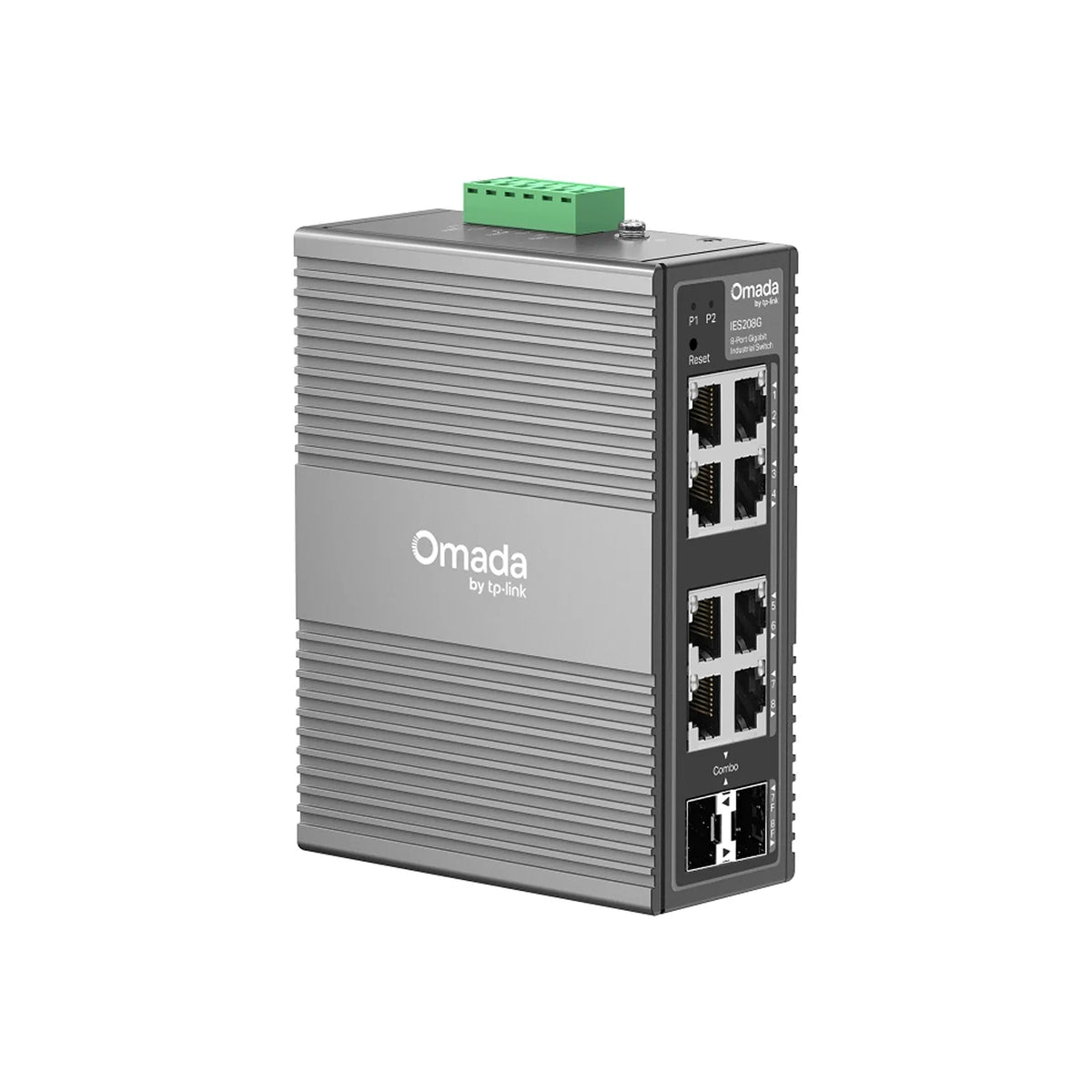 TP-Link Omada IES208G 8-port Gigabit industrial easy managed switch angled side view -tpstech.in