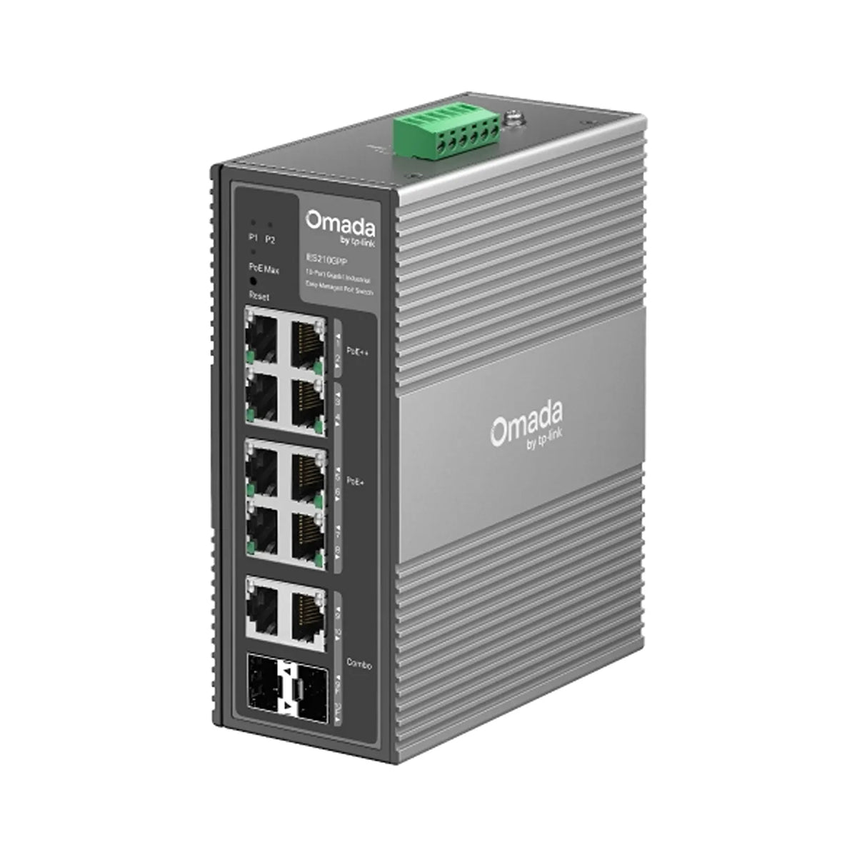 TP-Link Omada IES210GPP 10-port Gigabit industrial PoE switch front angle view with PoE ports and rugged metal enclosure-tpstech.in