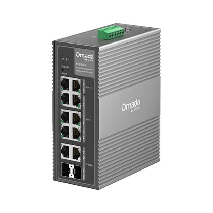 TP-Link Omada IES210GPP 10-port Gigabit industrial PoE switch front angle view with PoE ports and rugged metal enclosure-tpstech.in