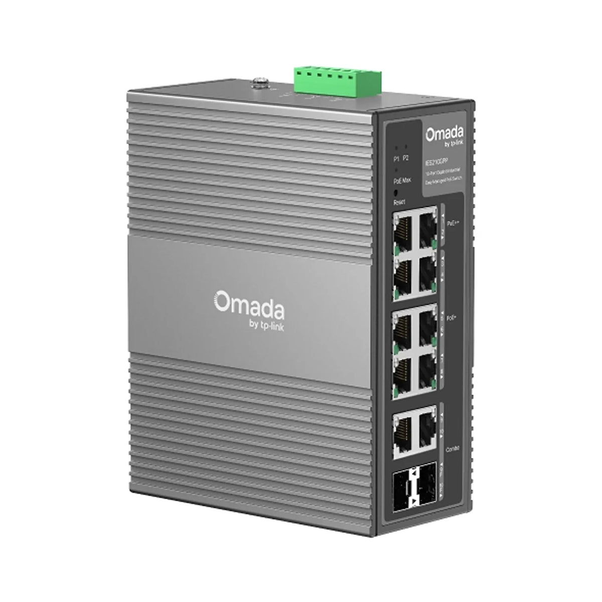 TP-Link Omada IES210GPP industrial Gigabit PoE switch rear angle view showing rugged aluminum enclosure-tpstech.in