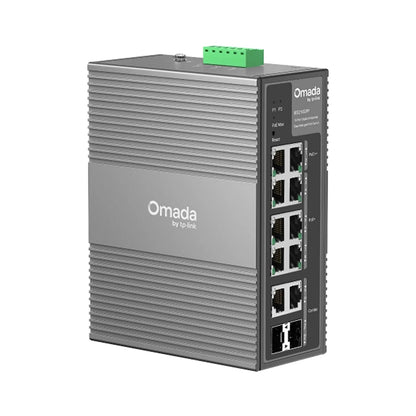 TP-Link Omada IES210GPP industrial Gigabit PoE switch rear angle view showing rugged aluminum enclosure-tpstech.in