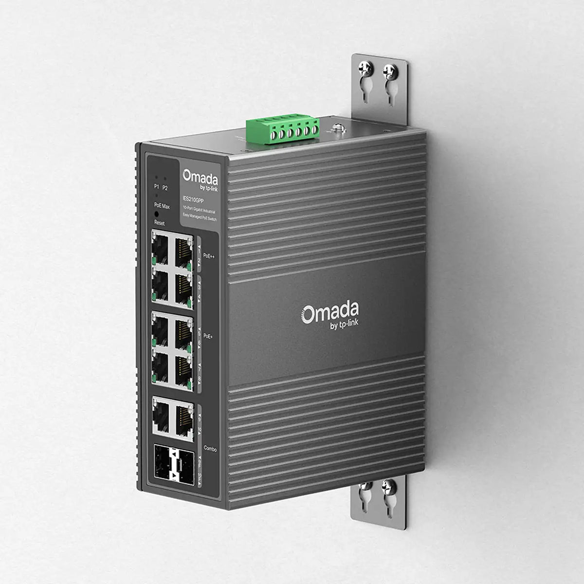 TP-Link Omada IES210GPP 10-port Gigabit industrial PoE switch installed using wall mounting brackets-tpstech.in