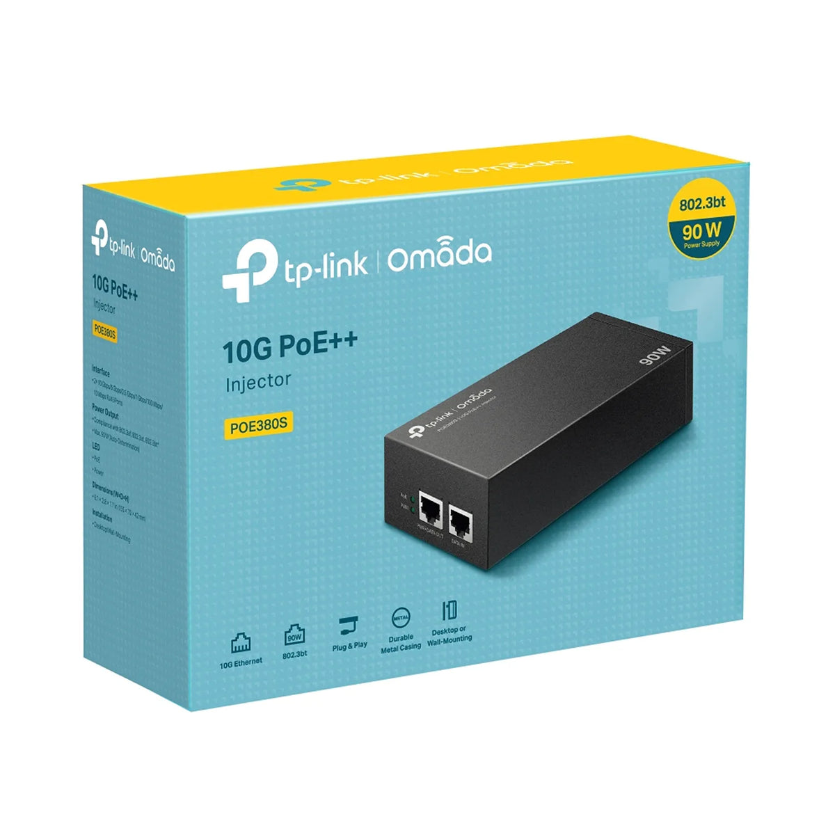 TP-Link POE380S 10G PoE++ injector retail packaging with 90W 802.3bt power supply -tpstech.in