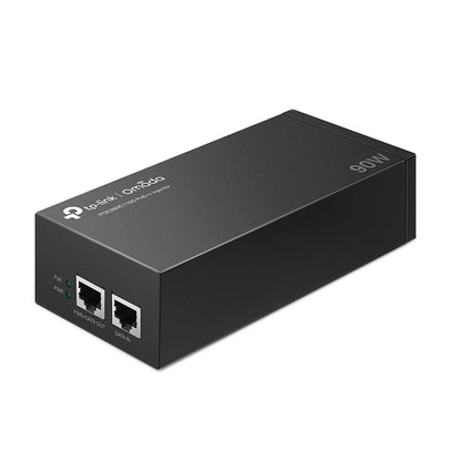 TP-Link POE380S 90W PoE++ injector angled view with RJ45 ports and LED indicators -tpstech.in