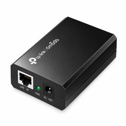 TP-Link TL-POE150S Up to 100 Meters Gigabit PoE Adapter Injector Black isometric angle view featuring TP-Link Omada branding and LED indicator tpstech.in