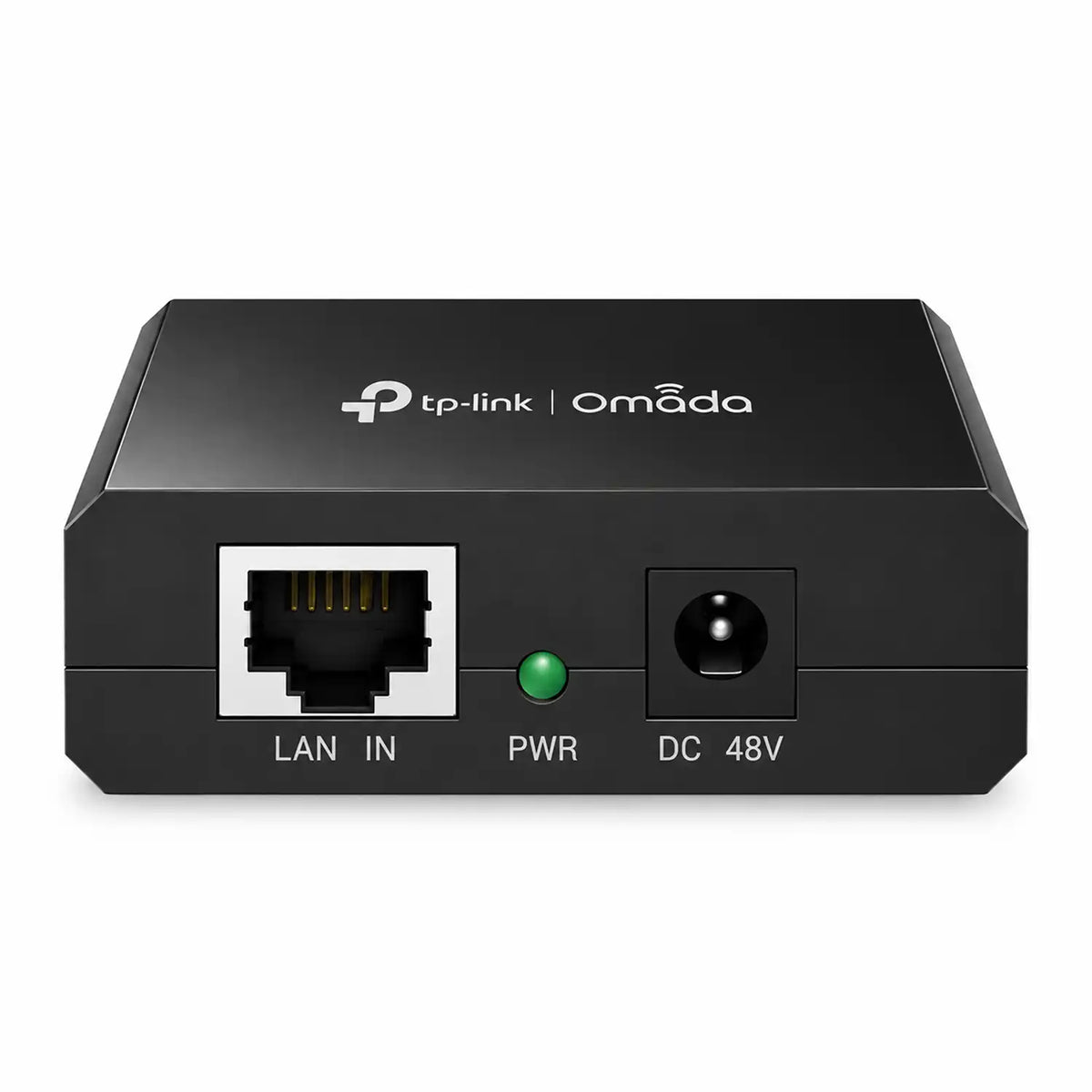 TP-Link TL-POE150S Up to 100 Meters Gigabit PoE Adapter Injector Black front facing profile showing LAN IN RJ45 jack power light and DC 48V socket tpstech.in