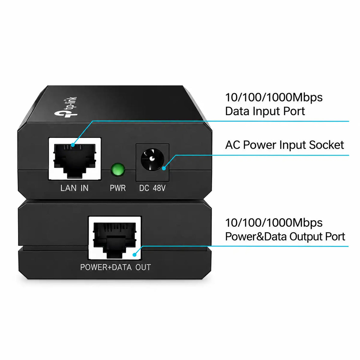 TP-Link TL-POE150S Up to 100 Meters Gigabit PoE Adapter Injector Black ports breakdown showing LAN in DC 48V power and PoE out sockets tpstech.in