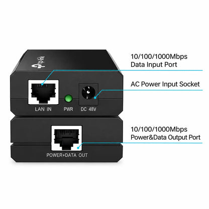 TP-Link TL-POE150S Up to 100 Meters Gigabit PoE Adapter Injector Black ports breakdown showing LAN in DC 48V power and PoE out sockets tpstech.in