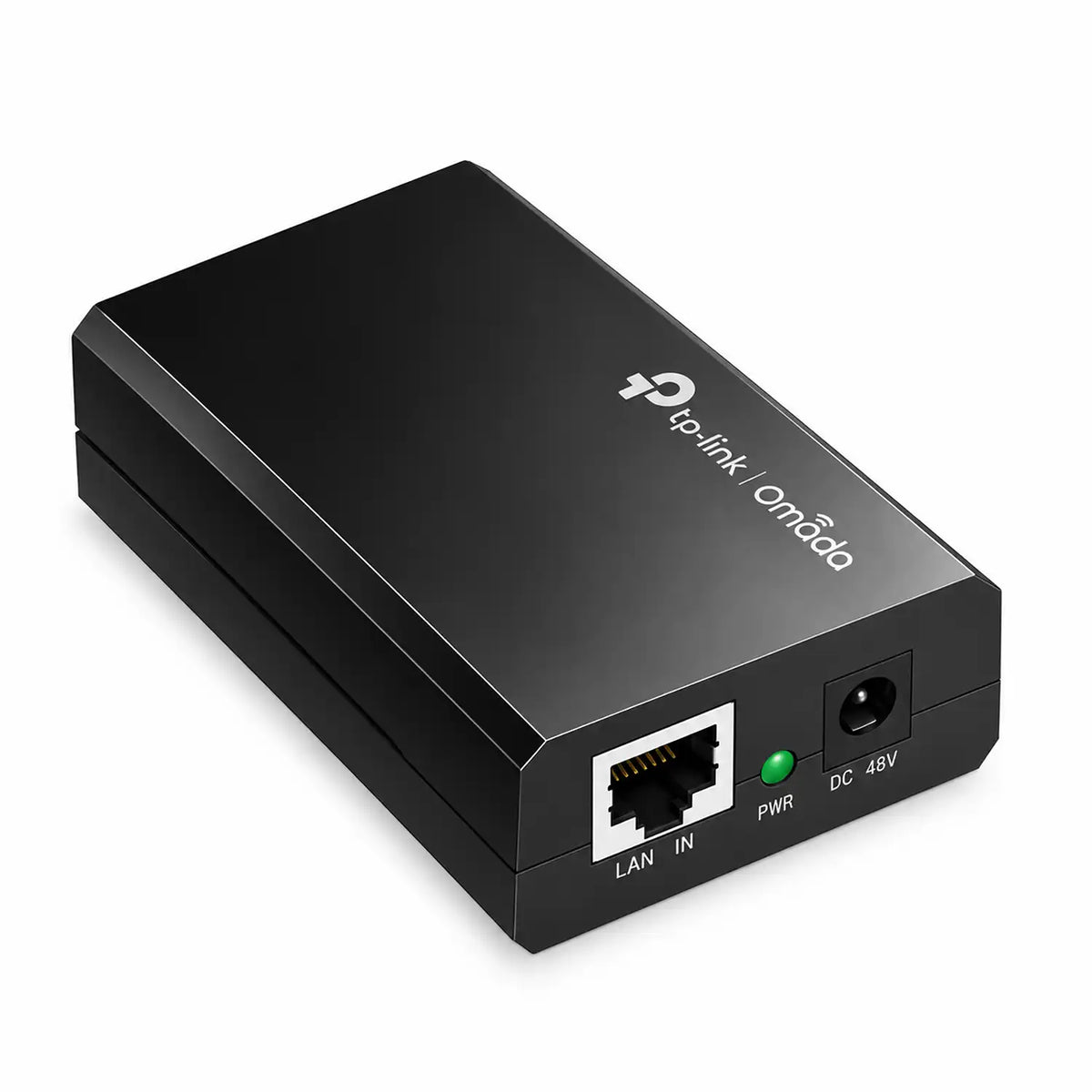 TP-Link TL-POE150S Up to 100 Meters Gigabit PoE Adapter Injector Black compact side angle view displaying front ethernet LAN and DC power ports tpstech.in